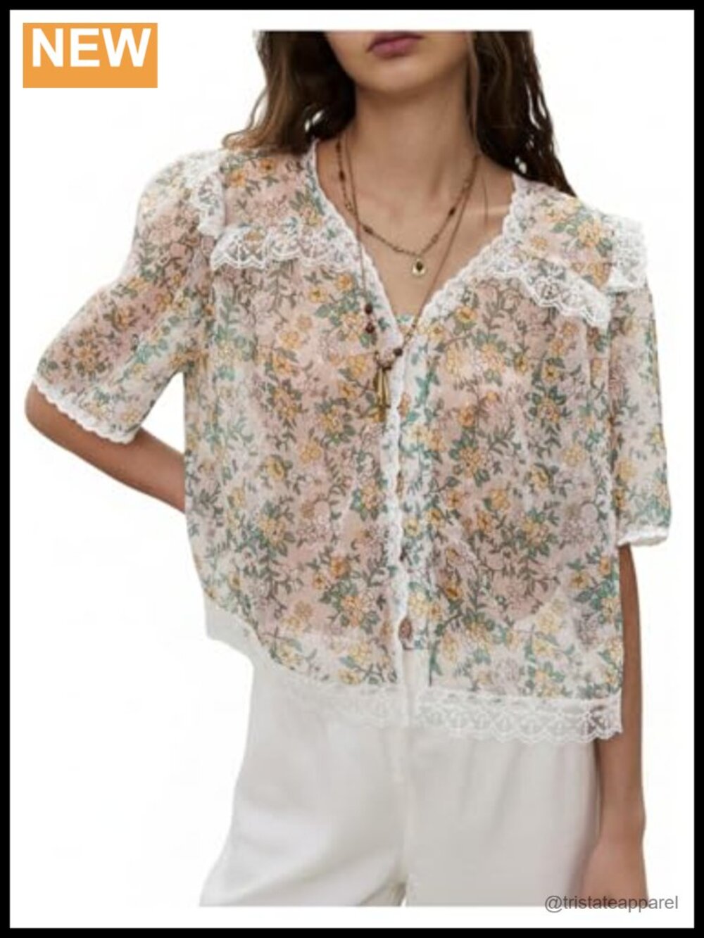 Boho Floral Sheer Lace Trim Button Down Puff Sleeve Blouse